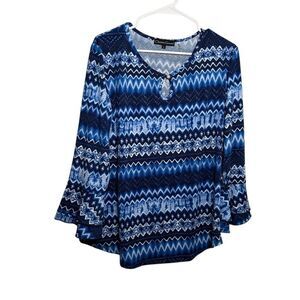 Christine Gerard Blouse Women's Large Blue Keyhole 3/4 Sleeve Flare Top